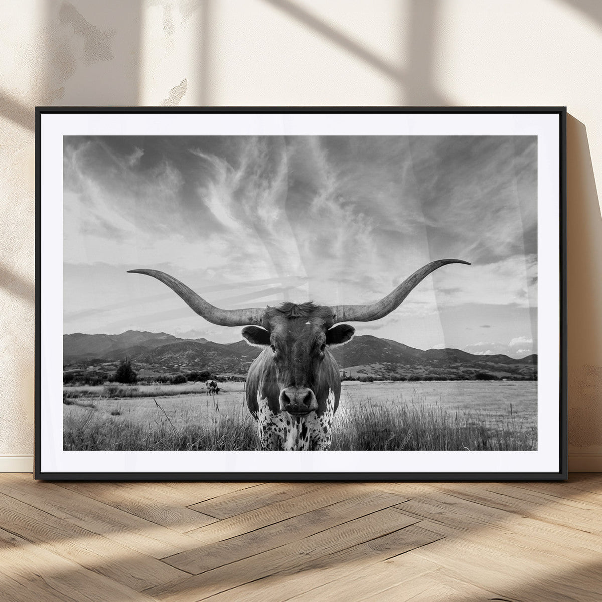 Longhorn Black and White Wall Art – Rustic Western Bull