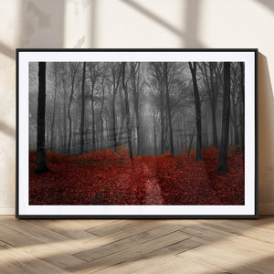 Red Forest Floor Canvas Wall Art – Mystical Foggy Woodland