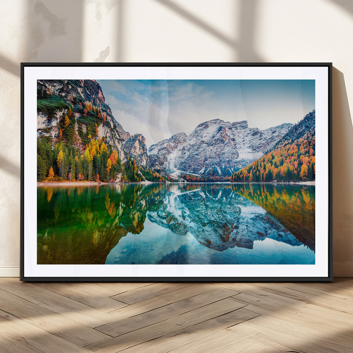 Spectacular autumn view of Braies Lake Wall Art Canvas Print