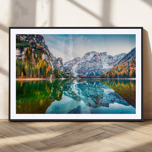Spectacular autumn view of Braies Lake Wall Art Canvas Print