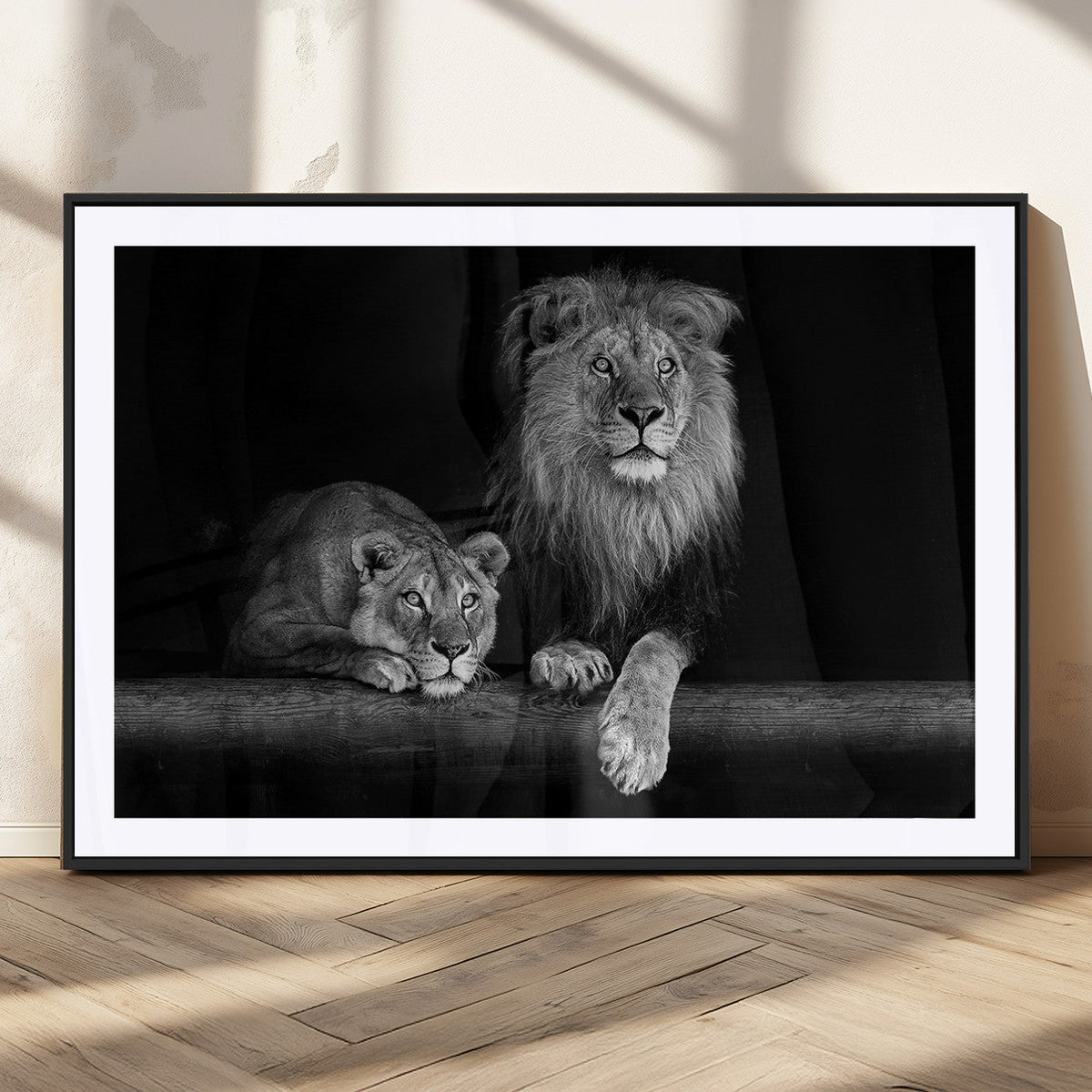 Large Black and White Lion Couple Wall Art Canvas Print –
