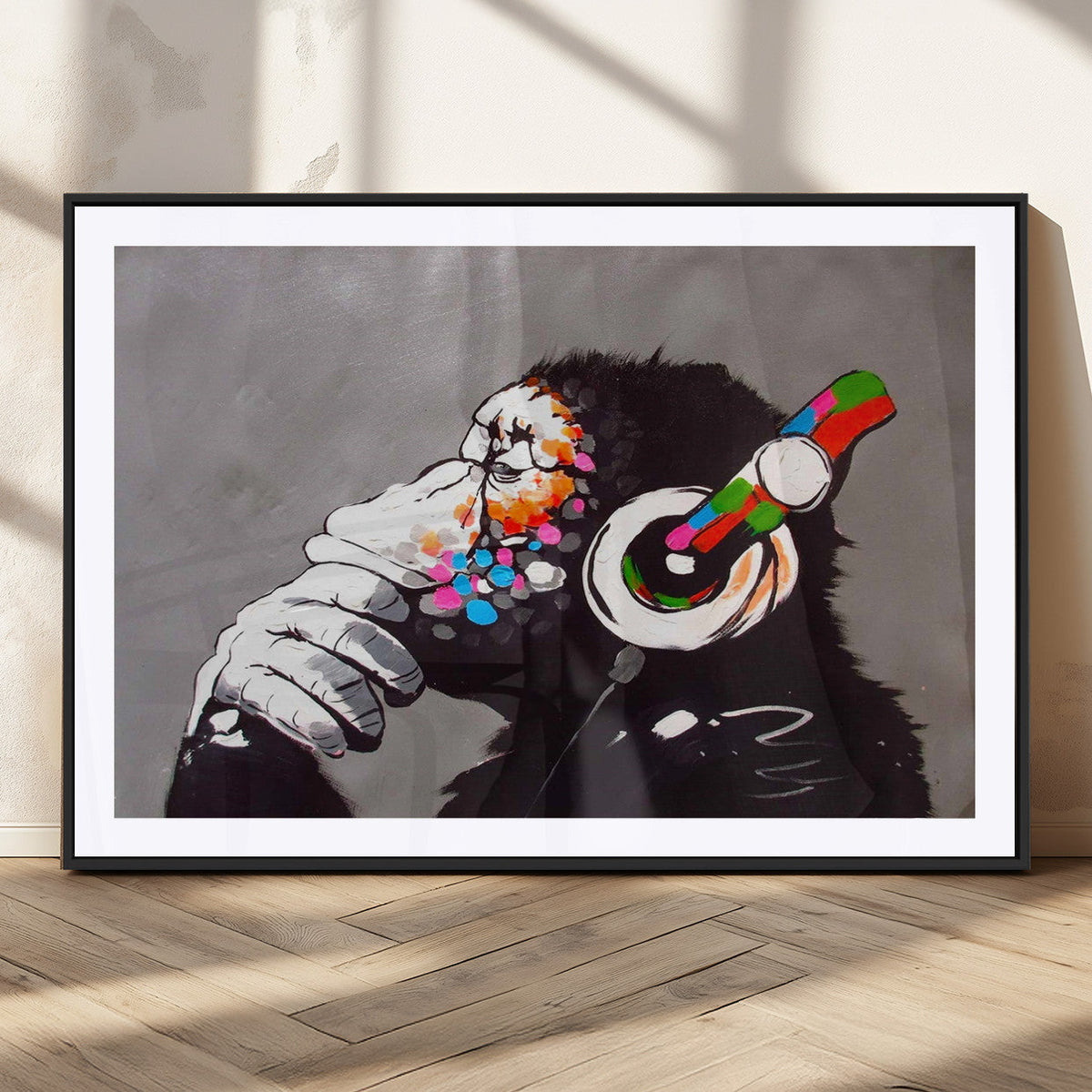 Dj Monkey Listening to Music Wall Art Print | Banksy Monkey