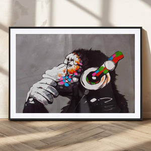Dj Monkey Listening to Music Wall Art Print | Banksy Monkey