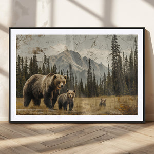 Rustic Grizzly 399 Bear Family Wall Art Canvas Print