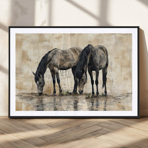 Chinese Style Abstract Black Horses Wall Art Canvas Print -