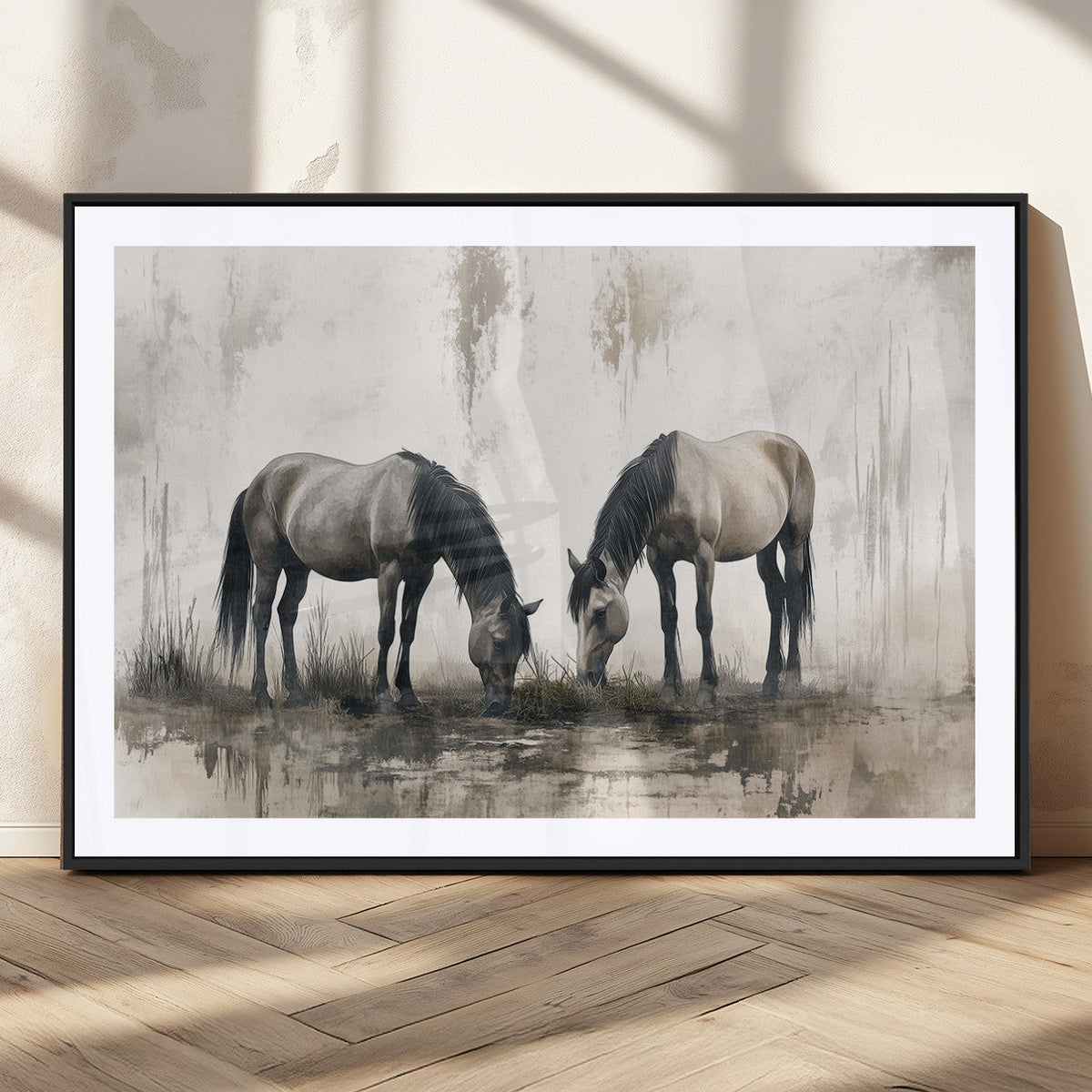 Chines Ink Style Vintage Horses Wall Art Canvas Print for