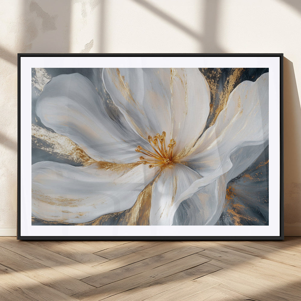 White and Gold Floral Canvas Wall Art - Framed and Ready to