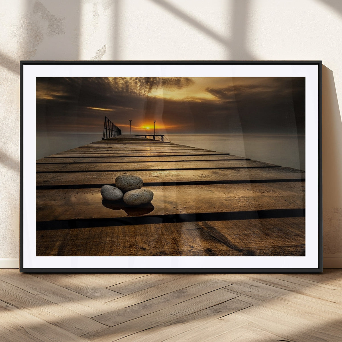 Stones on Wooden Pier at Sunset Canvas Print, Serene Coastal