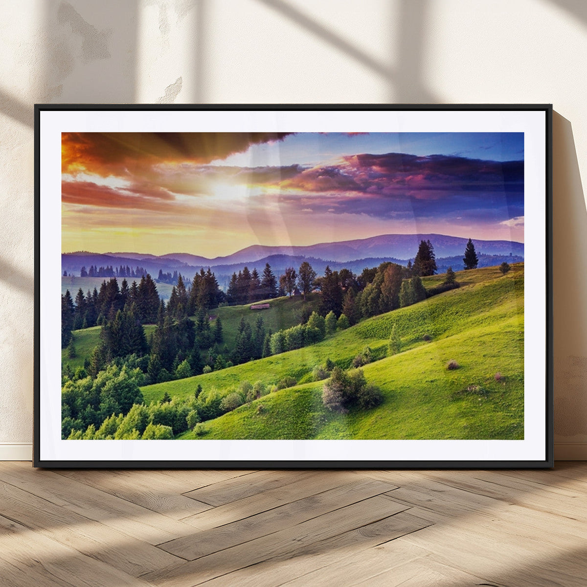Green Hills and Sunset Wall Art Print - Scenic Landscape