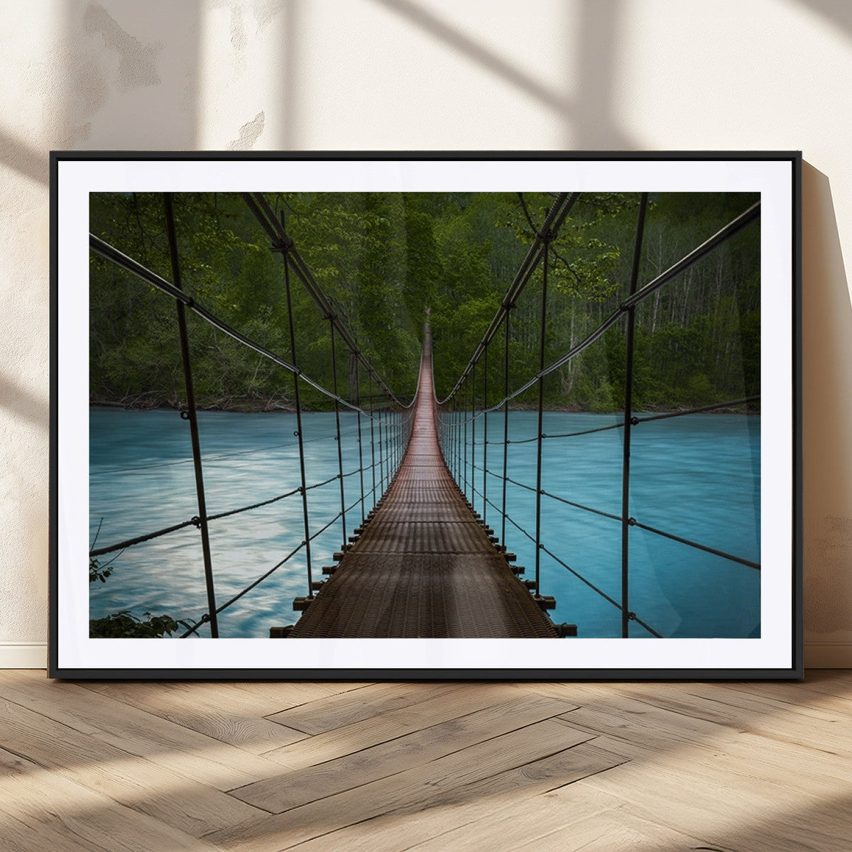 Suspension Bridge Over River Canvas Art | 3-Panel Nature