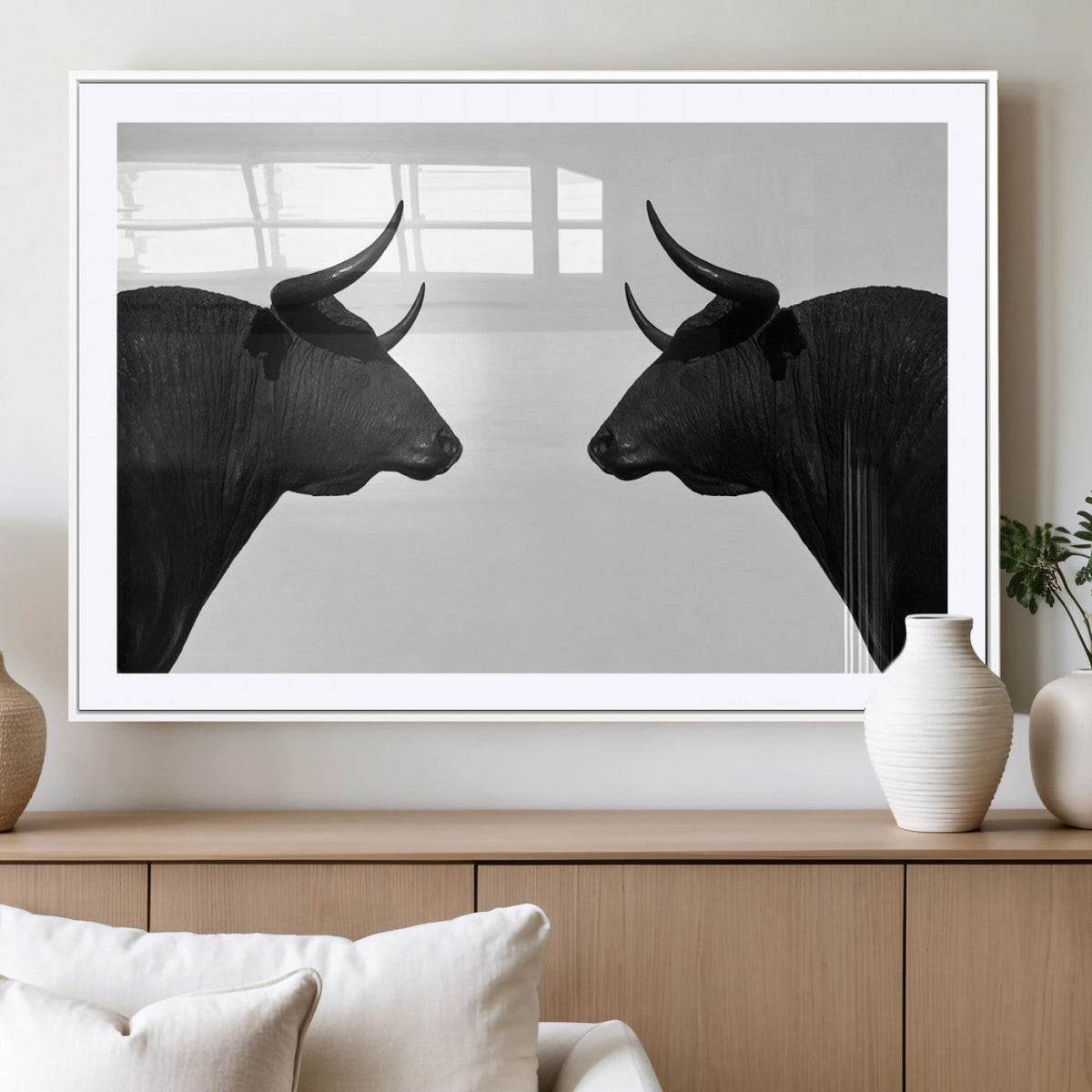 Spanish Bull Art - Framed Black and White Bull Canvas Print
