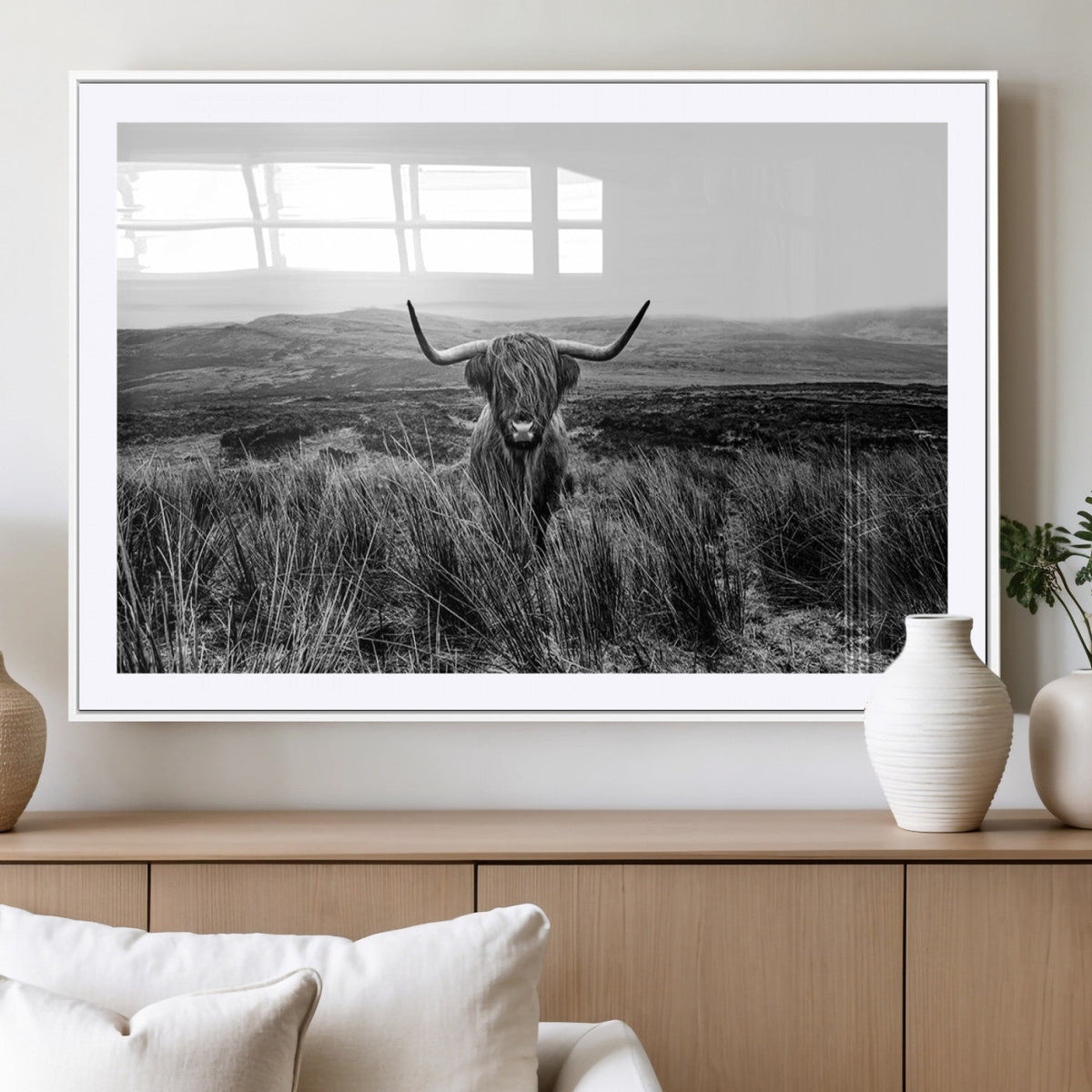 Black and White Highland Cow Canvas Wall Art, Longhorn