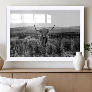 Black and White Highland Cow Canvas Wall Art, Longhorn