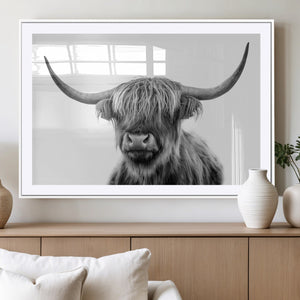 Grayscale Scottish Highland Cow Cattle Art Print Farmhouse