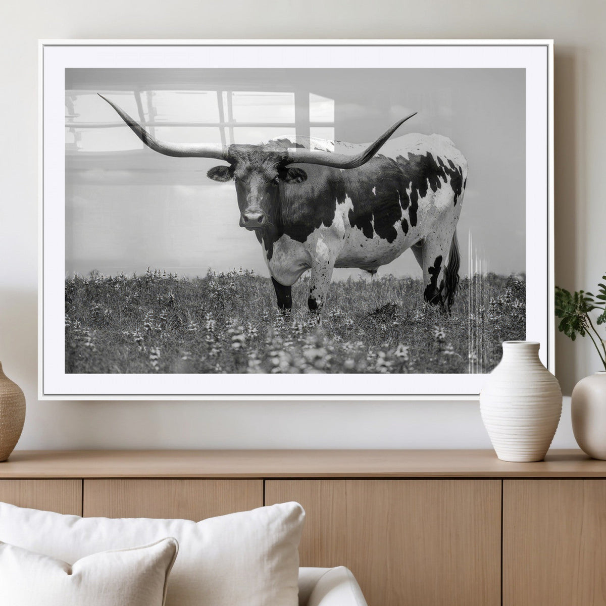 Texas Black White Highland Longhorn Cow Wall Art Canvas