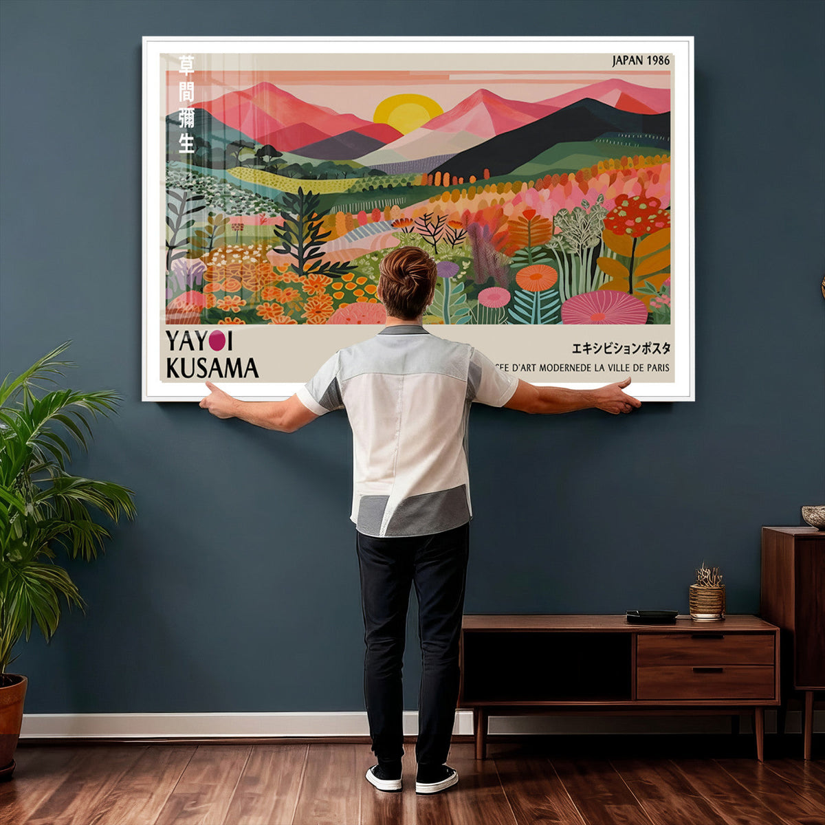 Yayoi Kusama Landscape Canvas Print, Vibrant Floral Mountain Art Print, Framed Botanical Wall Art -