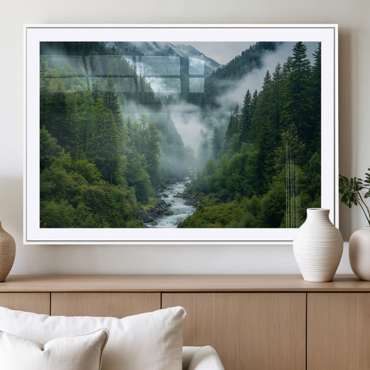 Mountain Forest River Canvas Wall Art Print - Serene Nature