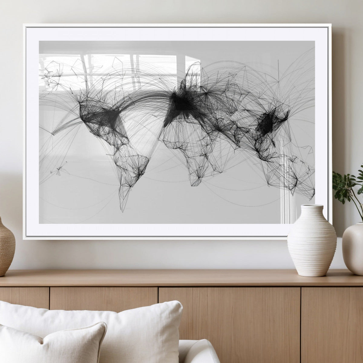 Abstract World Map Wall Art – Framed Geometric Line Canvas