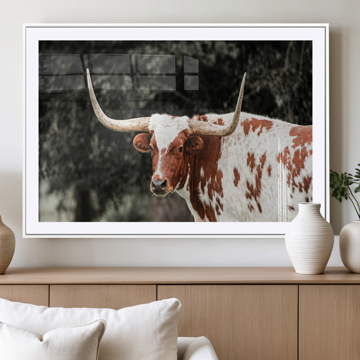 Texas Longhorn Wall Art Canvas Print – Framed Spotted Bull