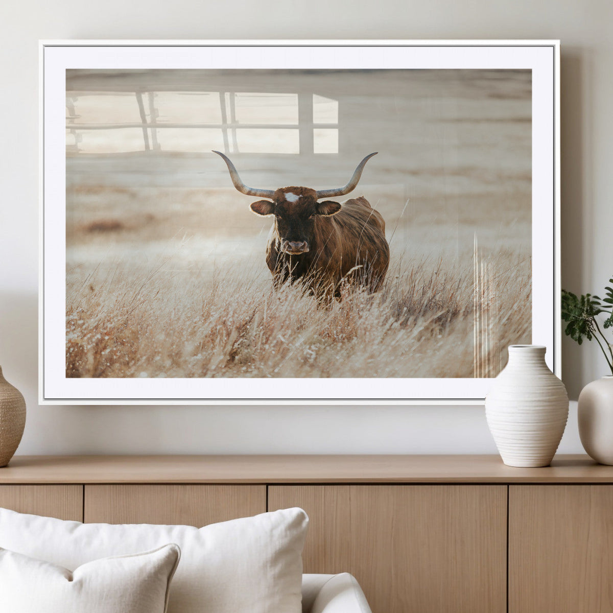 Texas Longhorn Wall Art Canvas Print – Framed Brown Horned