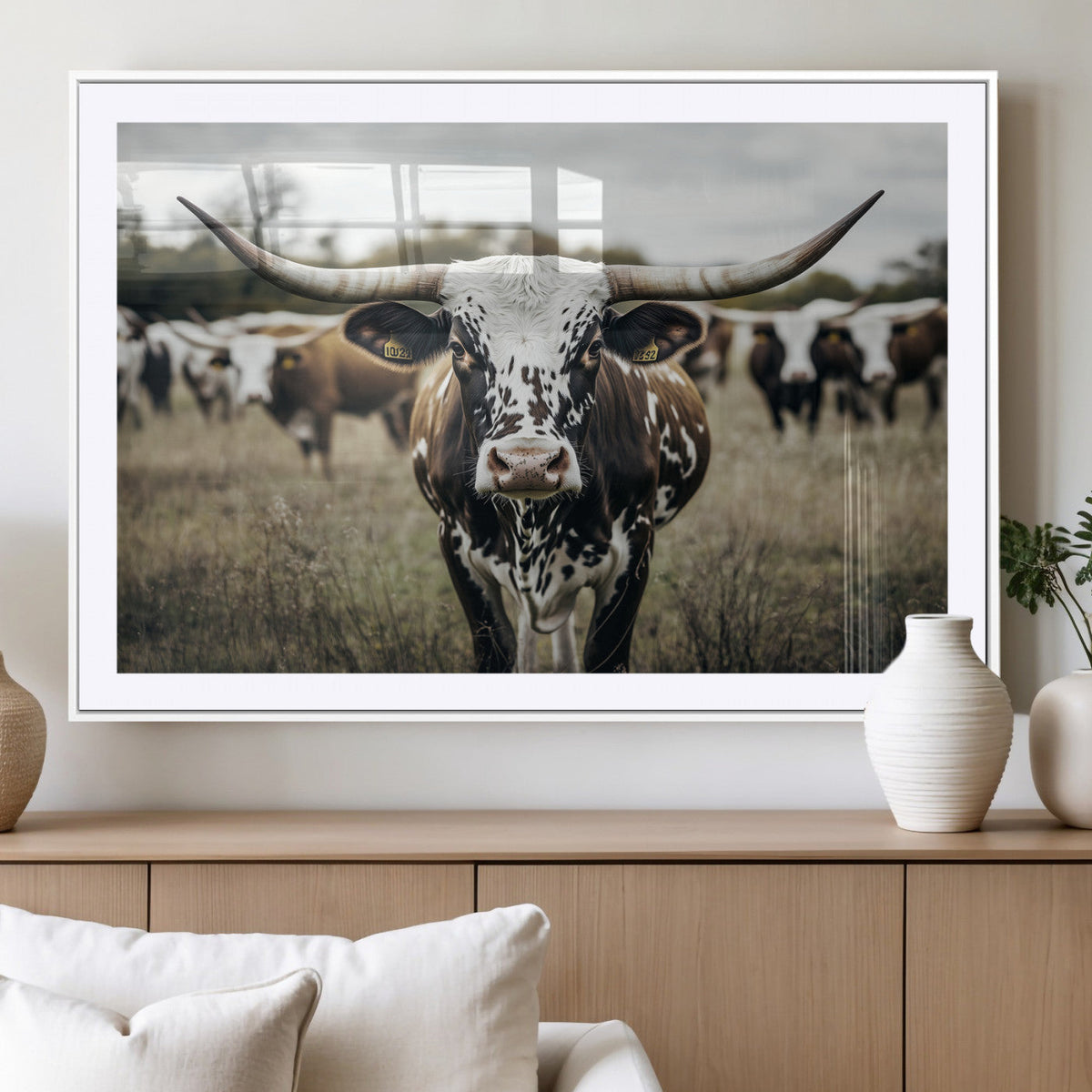 Texas Longhorn Wall Art – Framed Speckled Cow Canvas