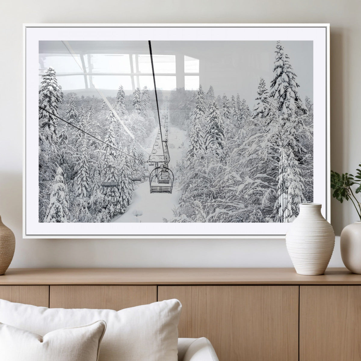 Snowy Ski Lift Wall Art – Framed Winter Mountain Canvas