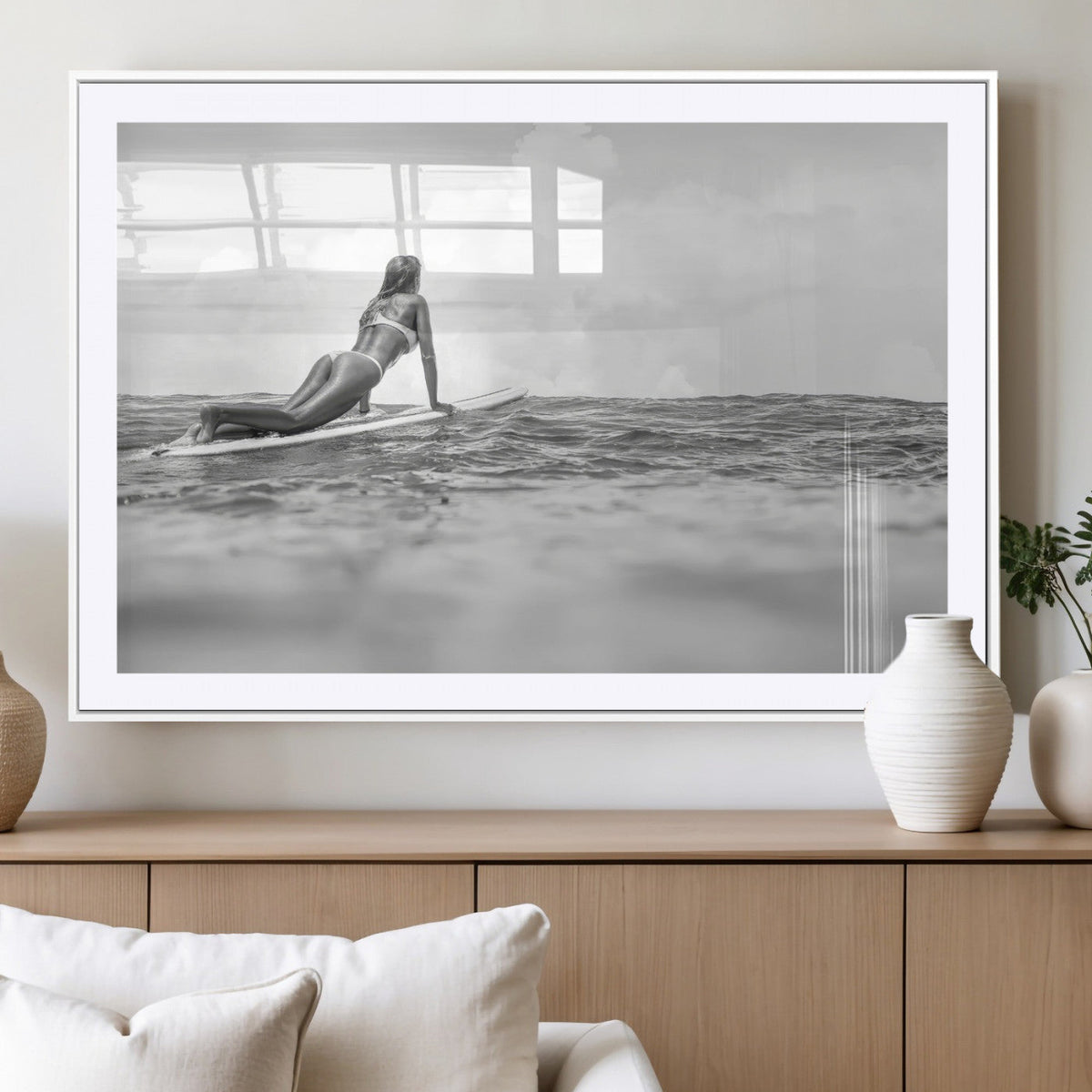 Black and White Surfing Wall Art Canvas Print – Framed Ocean