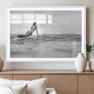 Black and White Surfing Wall Art Canvas Print – Framed Ocean