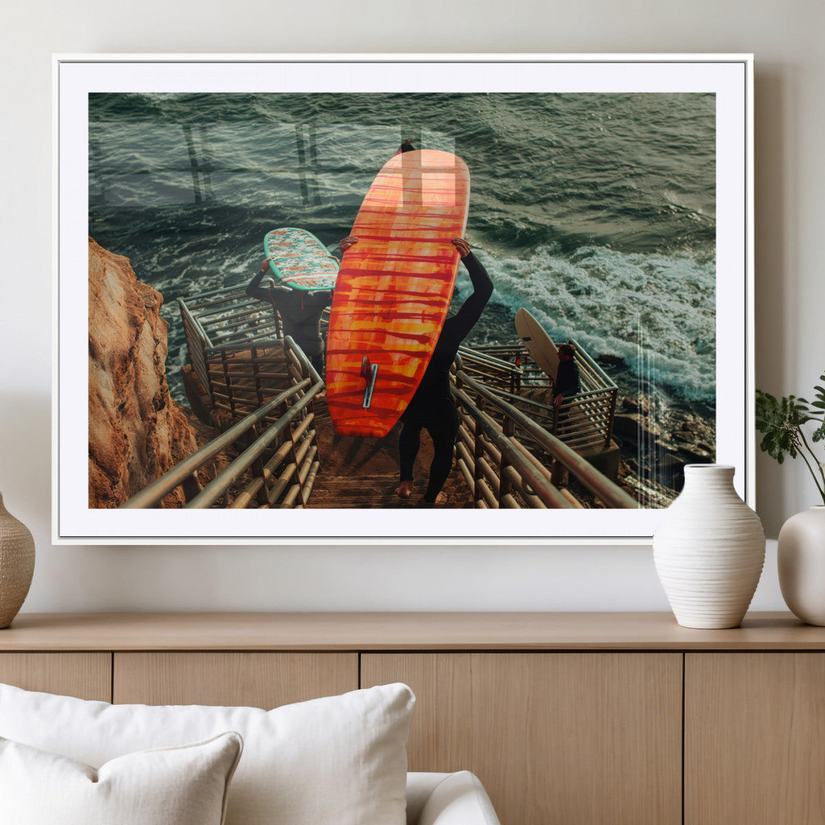 Surfer Stairway Wall Art – Framed Ocean Surf Canvas Artwork,