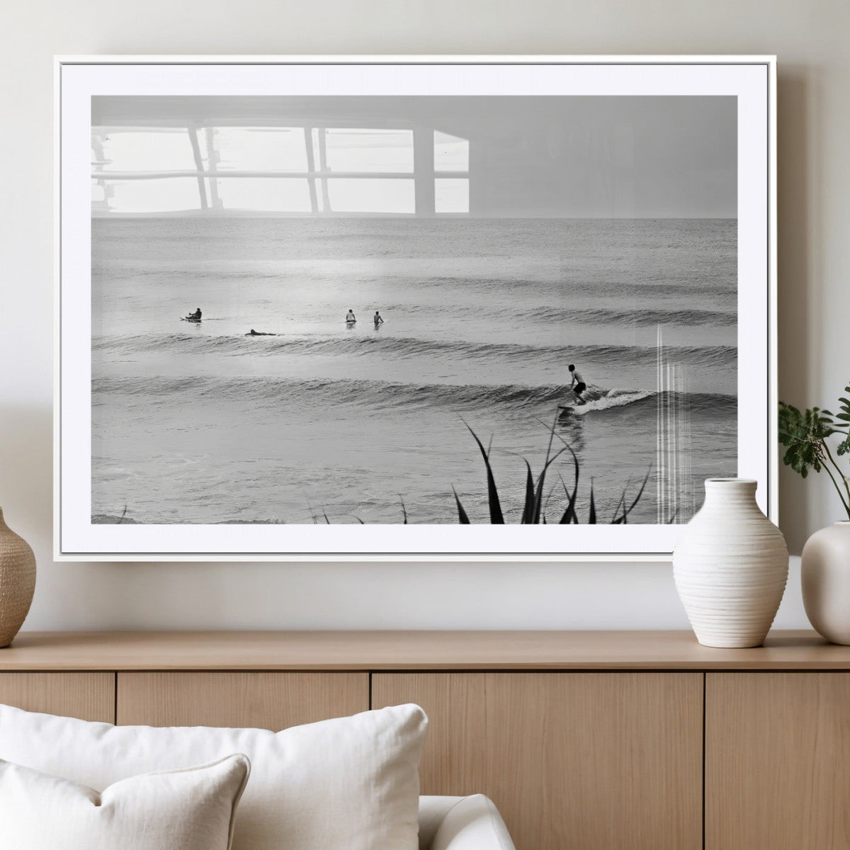 Surfer Silhouette Wall Art – Framed Calm Ocean Canvas