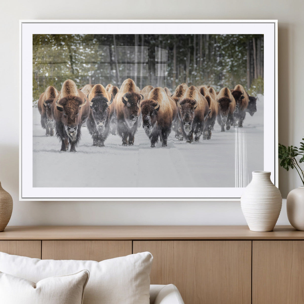American Bison Herd Wall Art Canvas Print – Powerful Winter