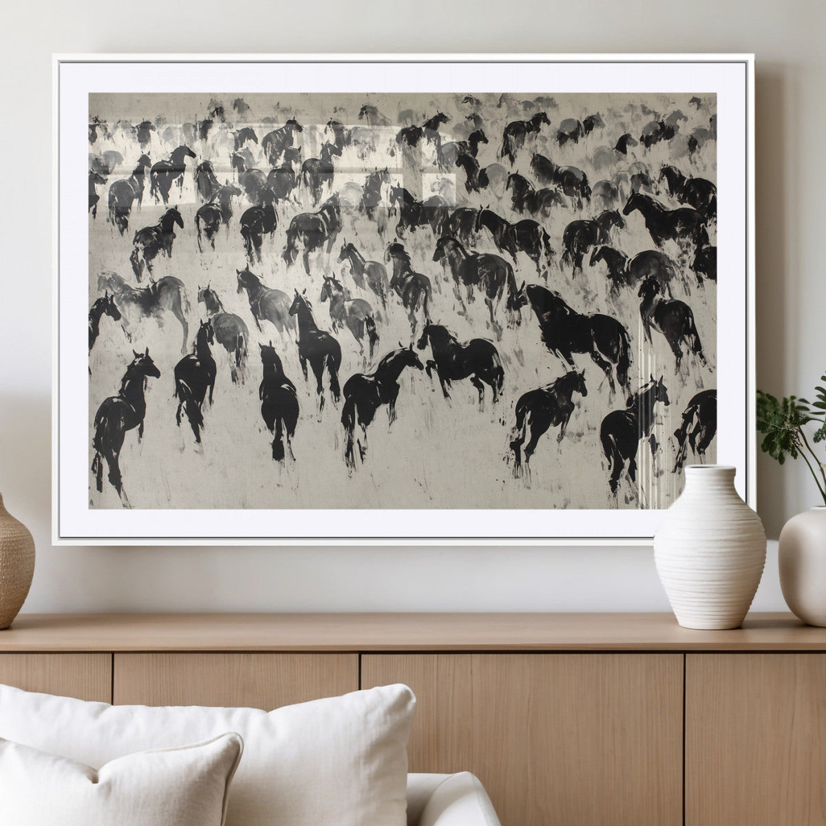 Wild Horse Stampede Wall Art Canvas Print – Monochrome