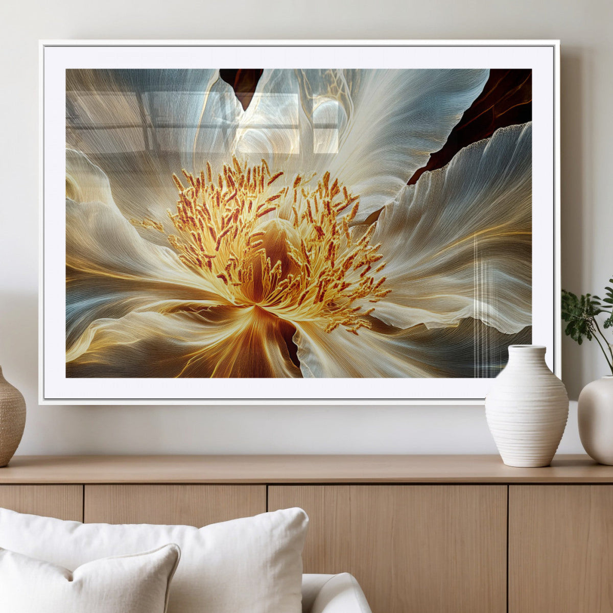 Golden Abstract Flower Canvas Wall Art, Modern Botanical