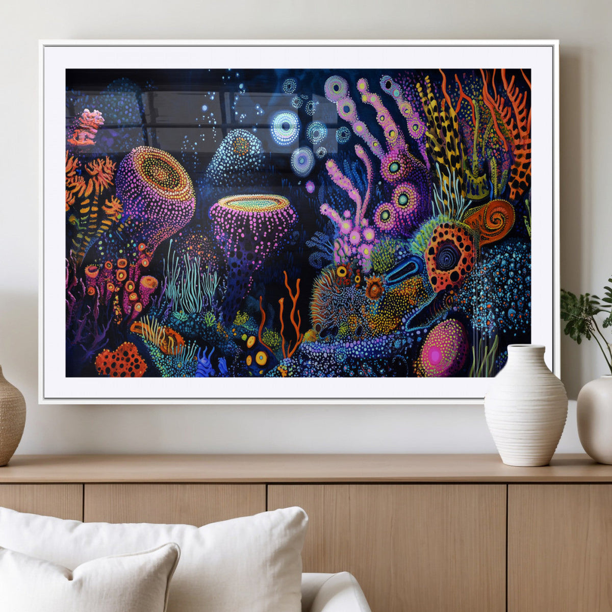 Vibrant Neon Coral Reef Wall Art Canvas Print, Colorful