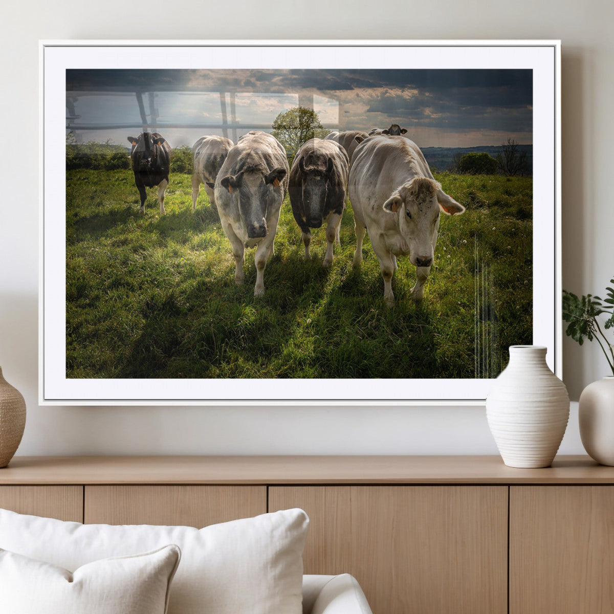 Grazing Cattle Herd Wall Art, Green Pasture Livestock Canvas