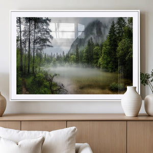 Misty Lake Forest Wall Art Canvas Print, Green Trees and
