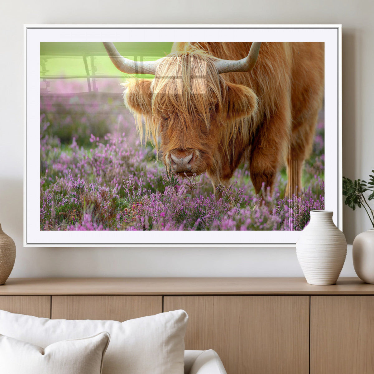 Highland Cow Wall Art – Purple Flowers Pasture Scenic