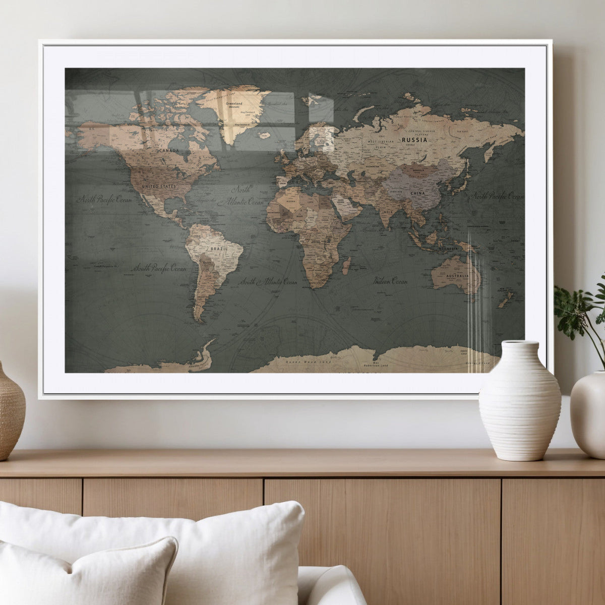 Rustic Black and Wood World Map Canvas Wall Art – Framed