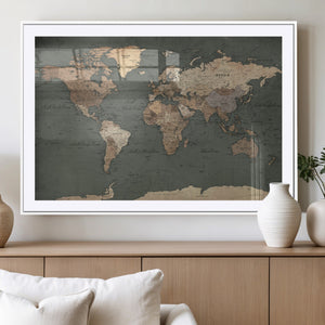 Rustic Black and Wood World Map Canvas Wall Art – Framed