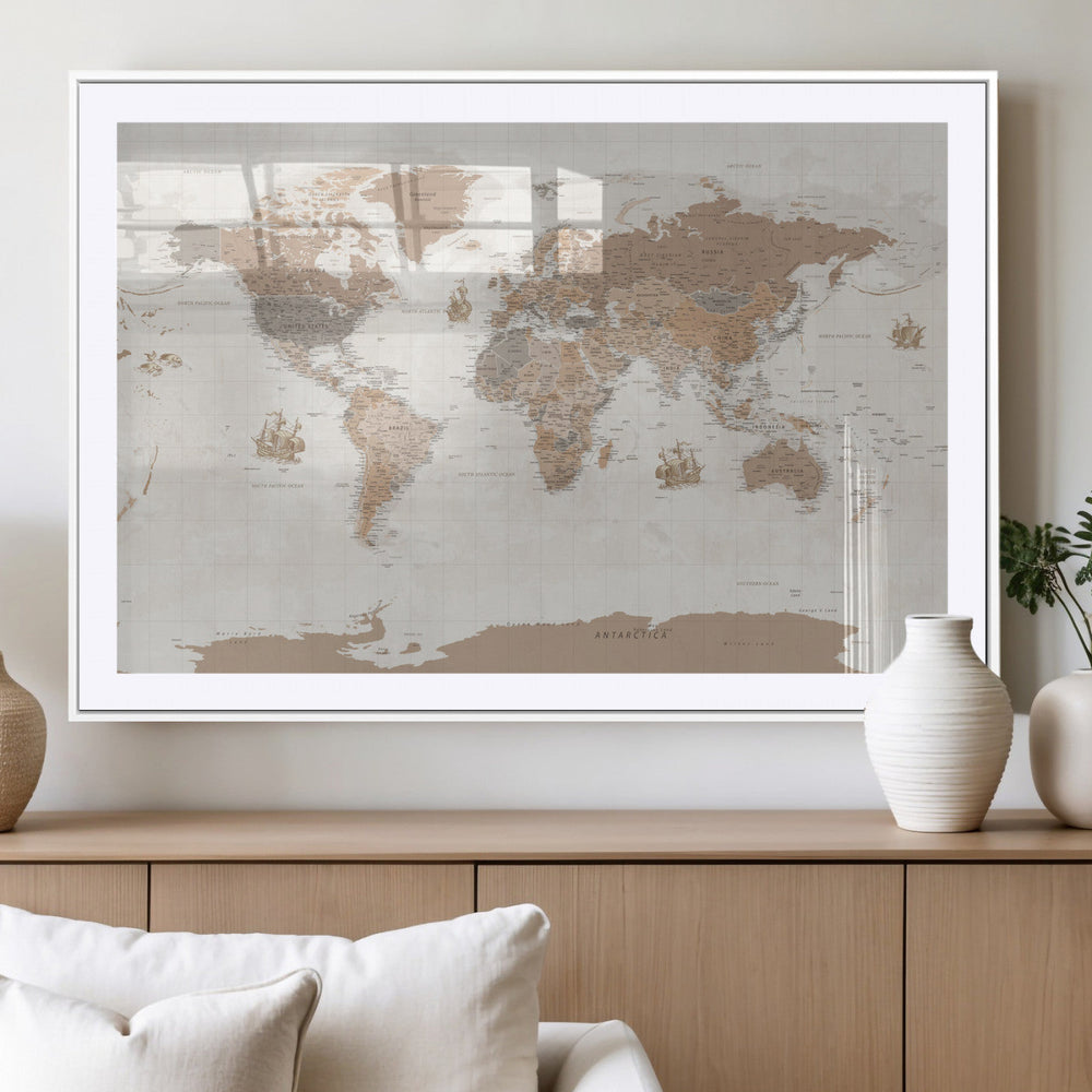 Framed Large World Map Canvas Print for Office Decor