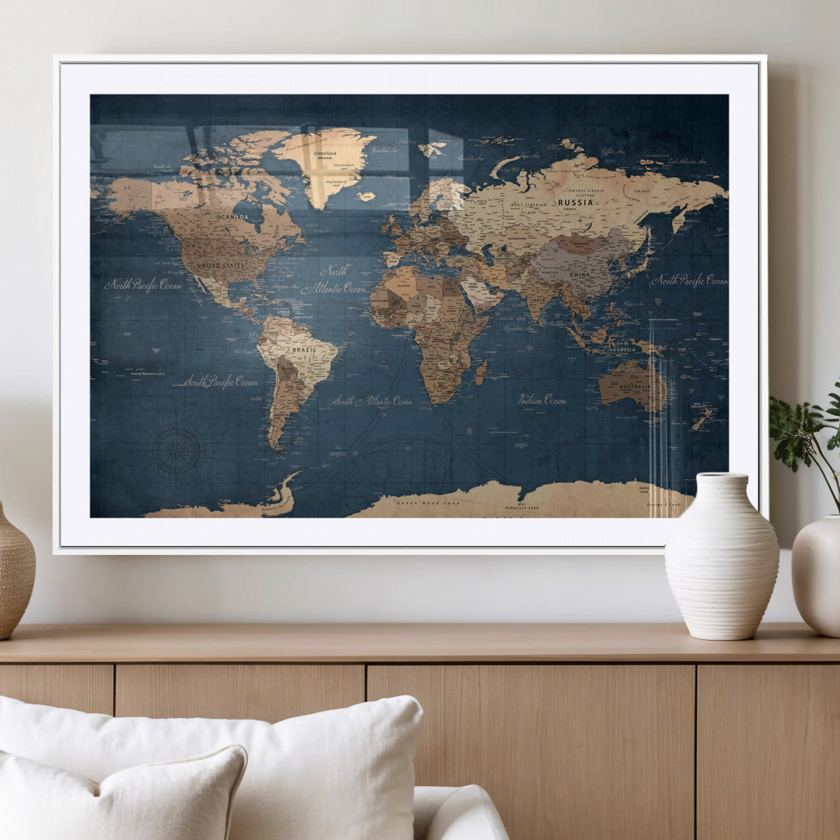 Navy Blue World Map Canvas Print – Framed Travel Map Wall