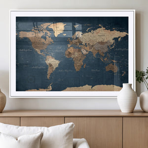 Navy Blue World Map Canvas Print – Framed Travel Map Wall