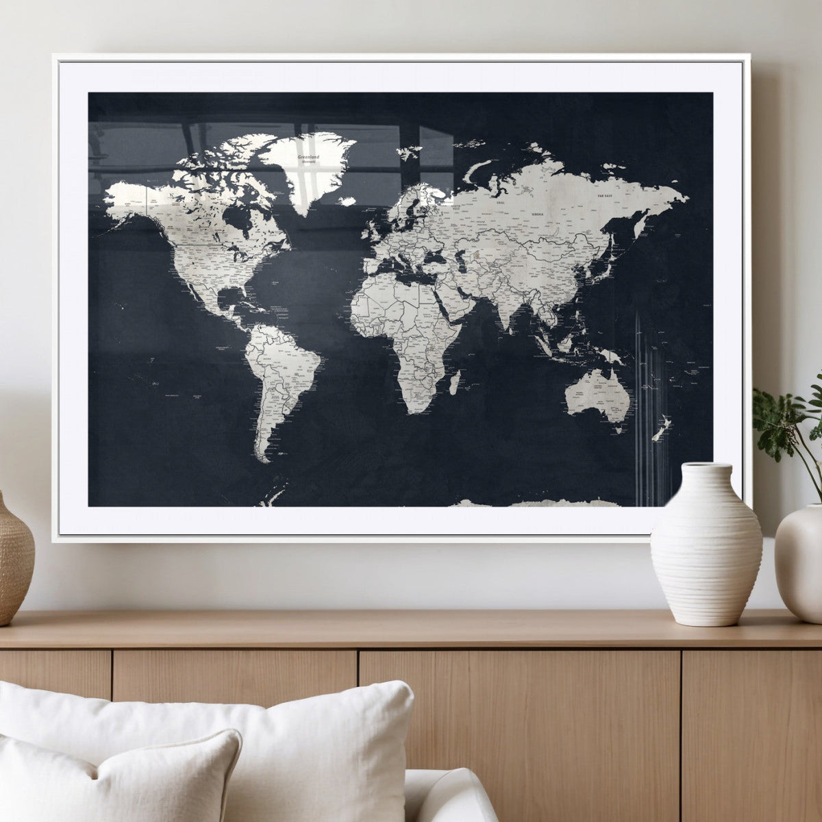 Black World Map Wall Art Canvas Print for Home Office and