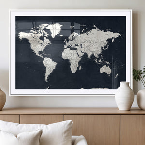 Black World Map Wall Art Canvas Print for Home Office and