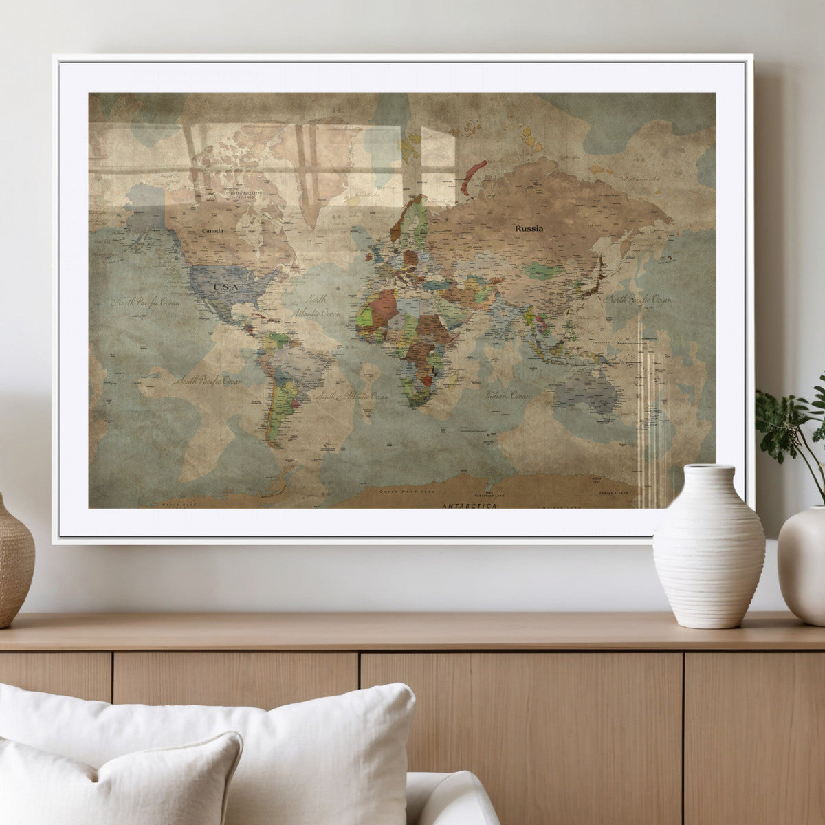 World Map Wall Art Canvas Print, Rustic Map Print, Framed
