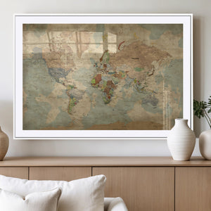 World Map Wall Art Canvas Print, Rustic Map Print, Framed