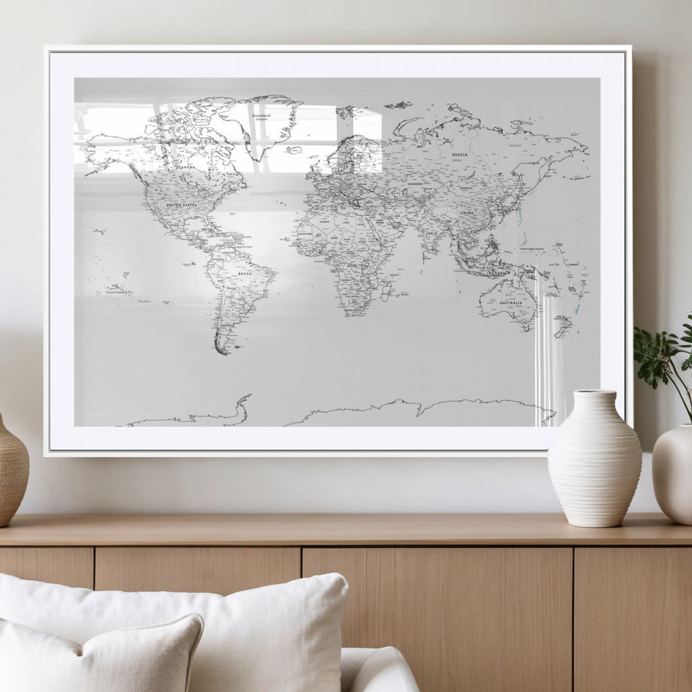 World Map Canvas Print – Framed Modern Detailed Map of the