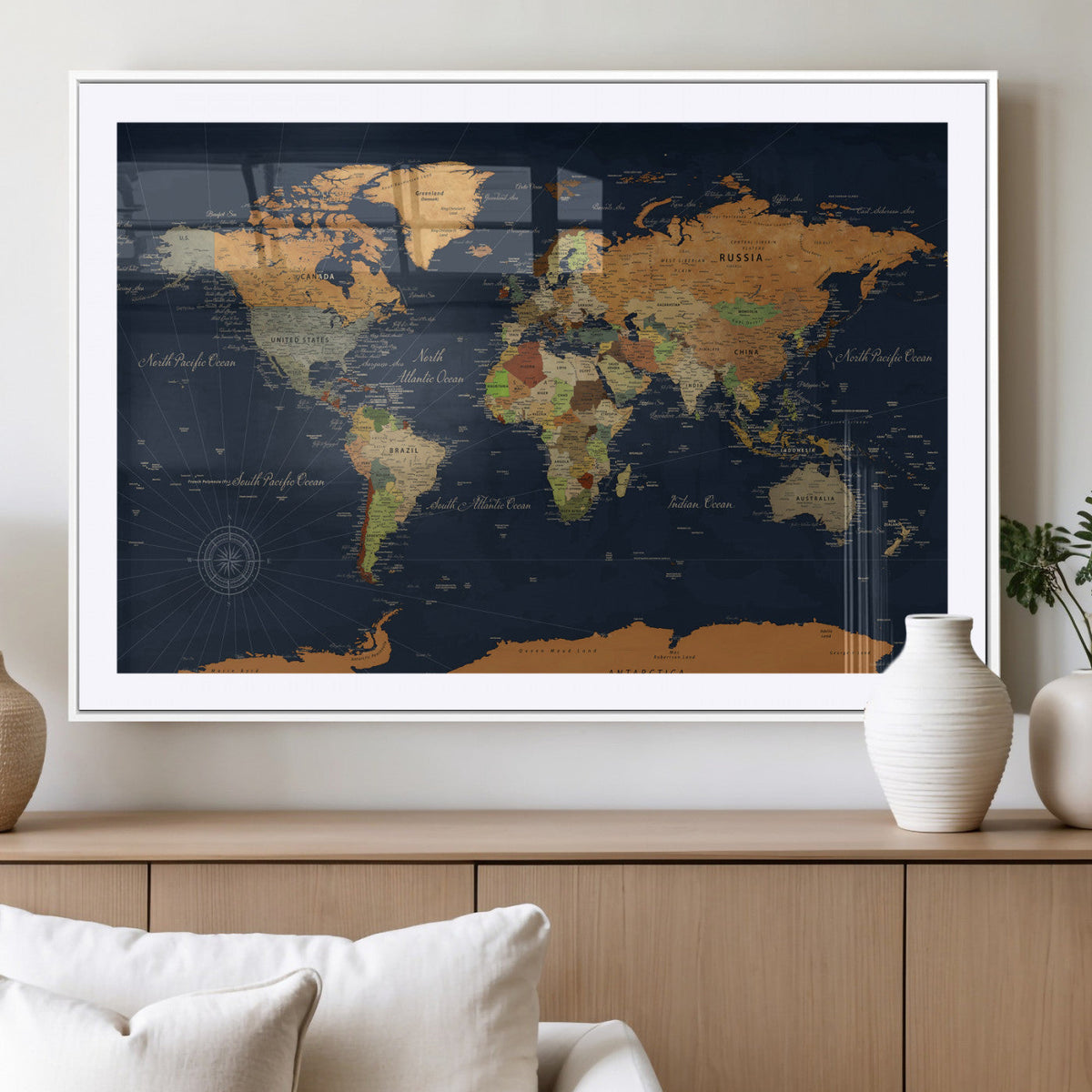 Modern World Map Canvas Print – Framed Detailed Map of the