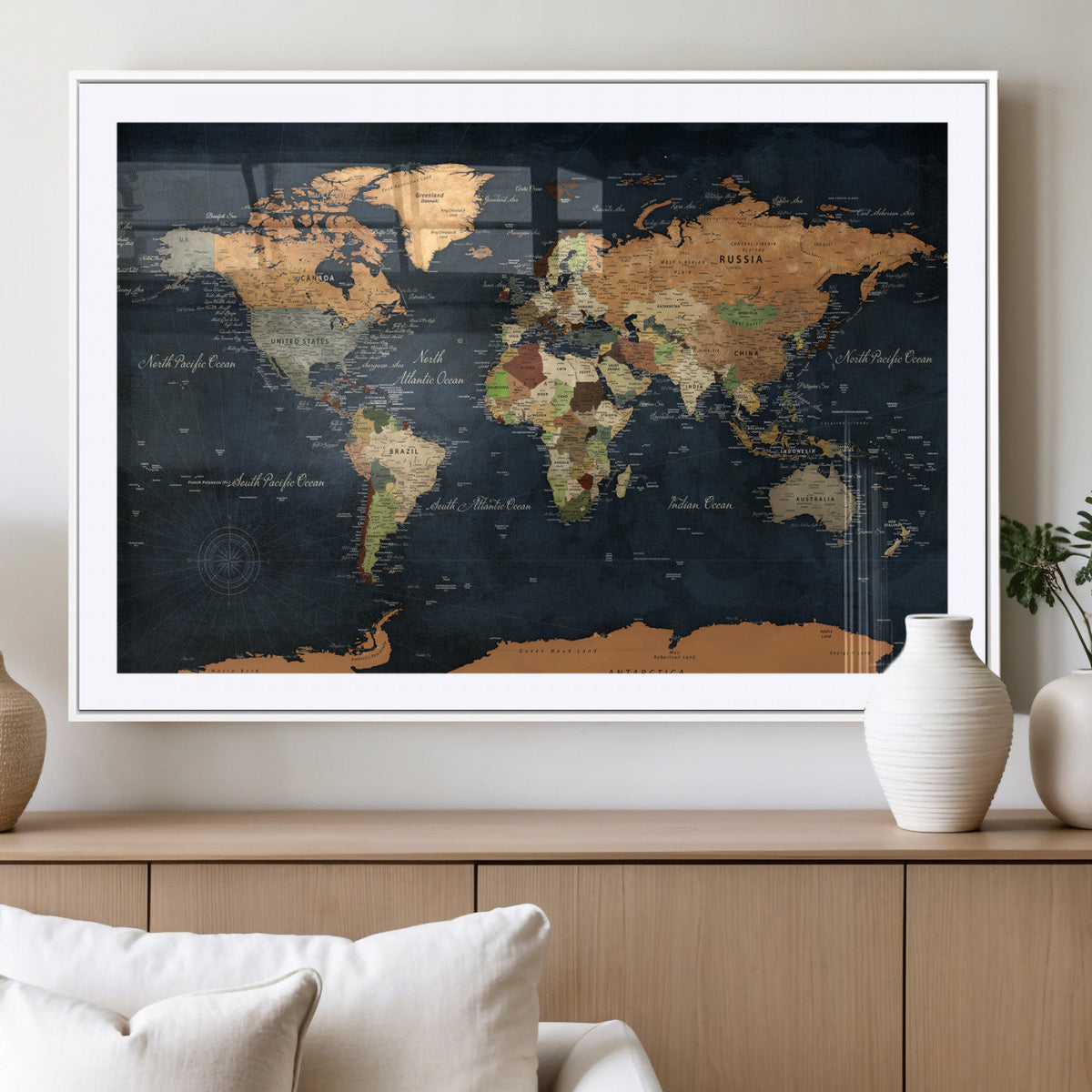 Vintage World Map Canvas Wall Art – Detailed Map with