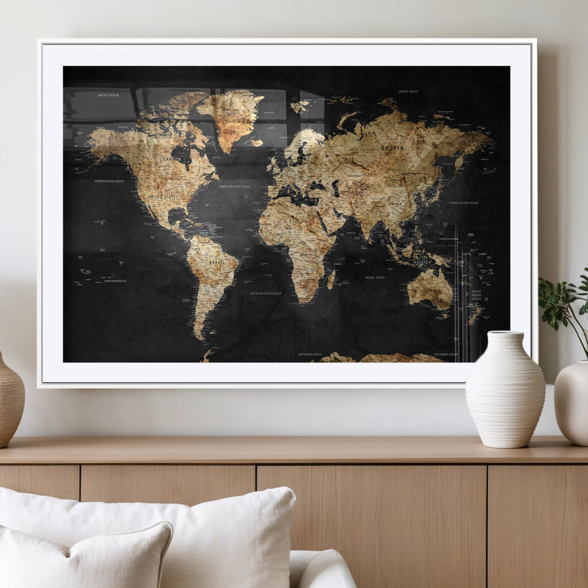 World Map Canvas Wall Art with Famous Landmarks – Framed